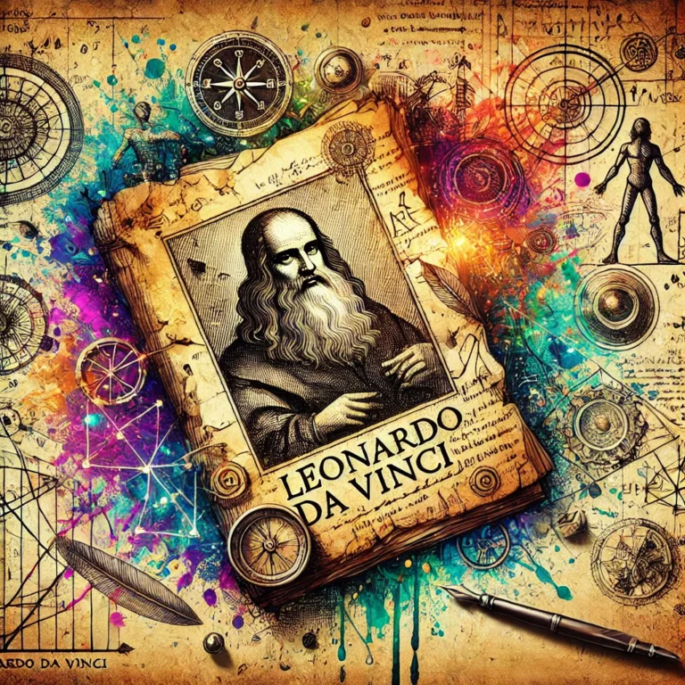 DALL·E 2024-12-14 12.46.23 - A vibrant and ancient-themed image featuring a depiction of Leonardo da Vinci's notebook